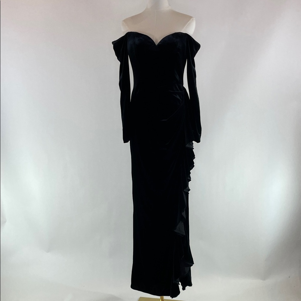 Badgley Mischka Draped Velvet Ruffle Gown, 4 - Picture 8 of 17